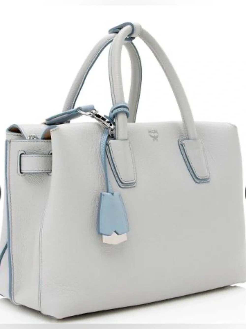 MCM Milla Gray Leather Handbag with Baby Blue Leather Trim